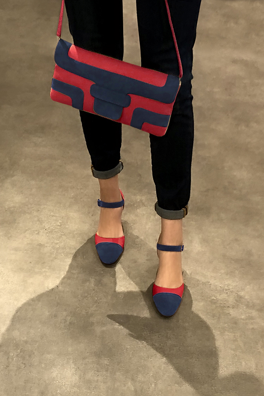 Navy blue and cardinal red women's open side shoes, with an instep strap. Round toe. Medium block heels. Worn view - Florence KOOIJMAN